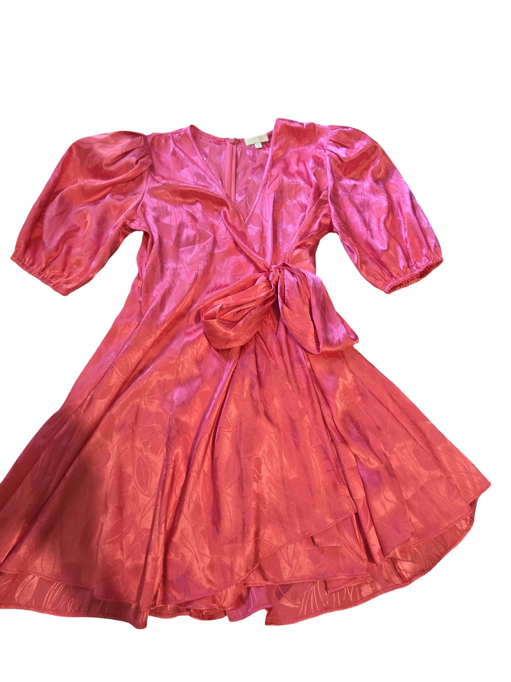 Ronny Kobo Collection Pink Satin Wrap Midi Dress with Puff Sleeves